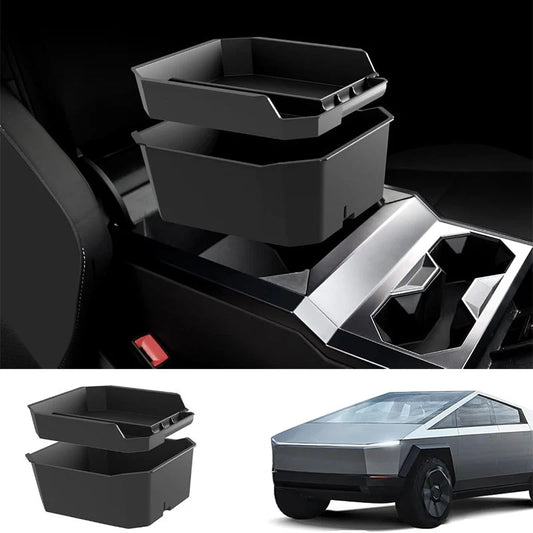 Double-Layer Armrest Storage Box for Tesla Cybertruck (2024–Present) | Custom-Fit ABS Center Console Organizer with Anti-Slip Liners