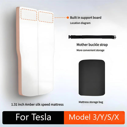Upgraded Car Camping Mattress for Tesla Model Y Juniper – Amber Silk Fabric, Memory Foam, Anti-Slip Design