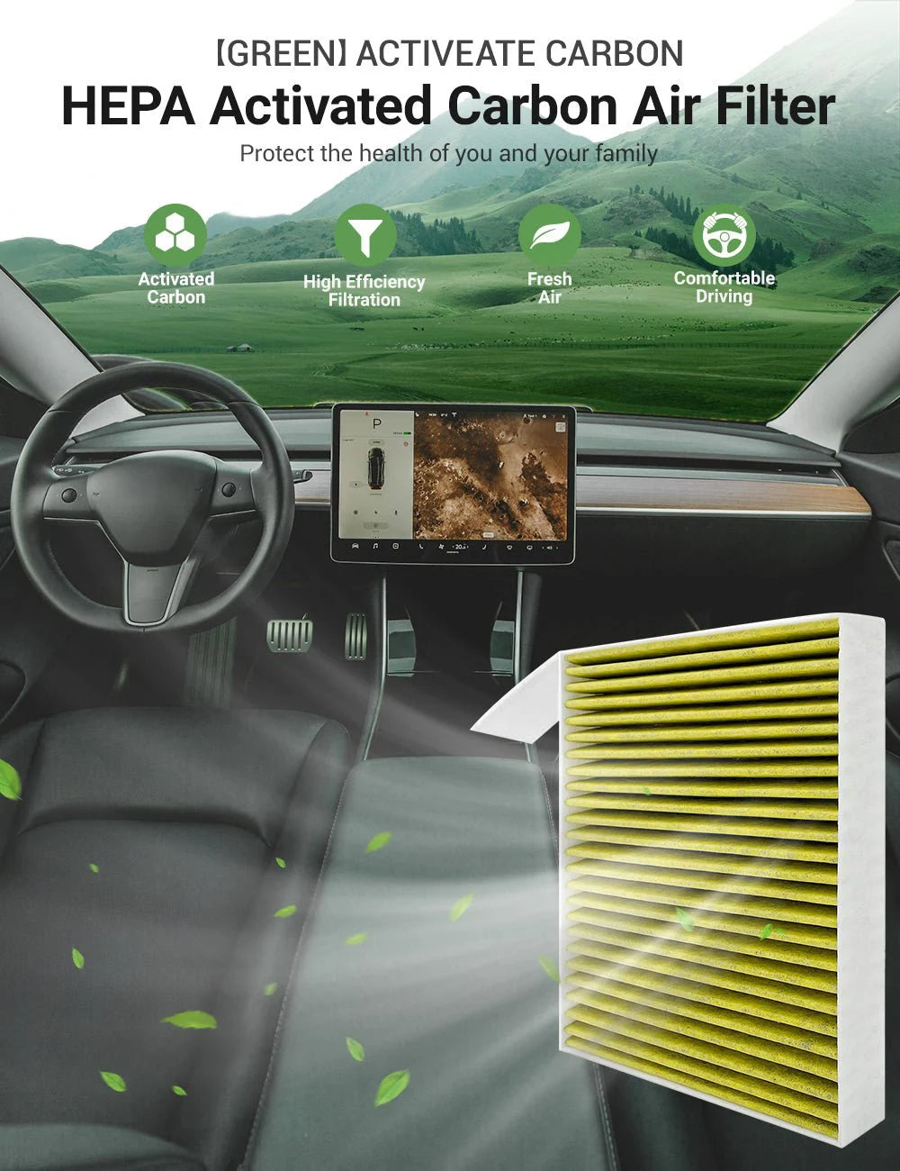 HEPA Activated Carbon Cabin Air Filter for Tesla Model Y & Model 3 (2017–2025) – 6-Layer High-Efficiency Replacement Filter (2 PCS)