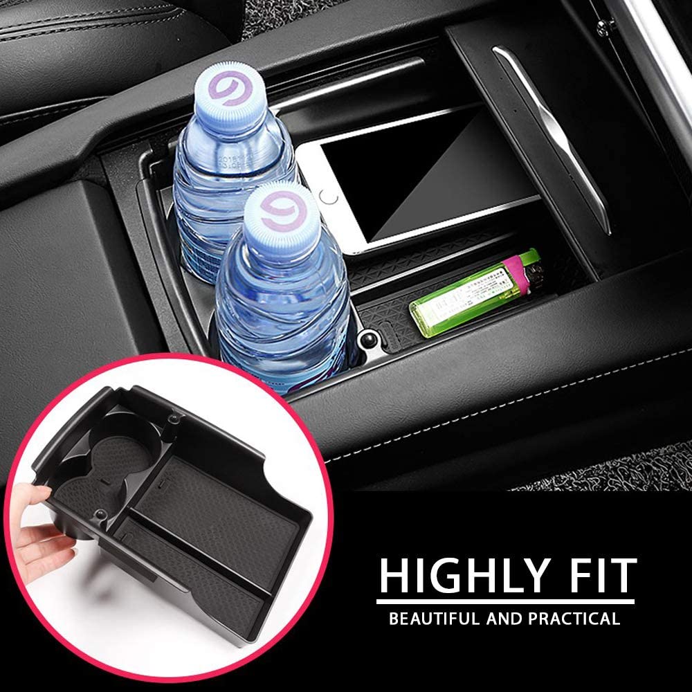Center Console Armrest Storage Box with Cup Holder for Tesla Model S/Model X (2016–2021) – ABS Organizer Tray with Non-Slip Mats