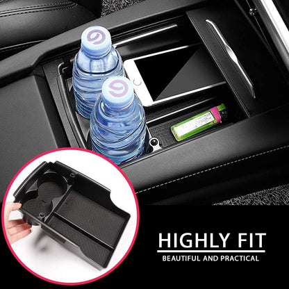 Center Console Armrest Storage Box with Cup Holder for Tesla Model S/Model X (2016–2021) – ABS Organizer Tray with Non-Slip Mats