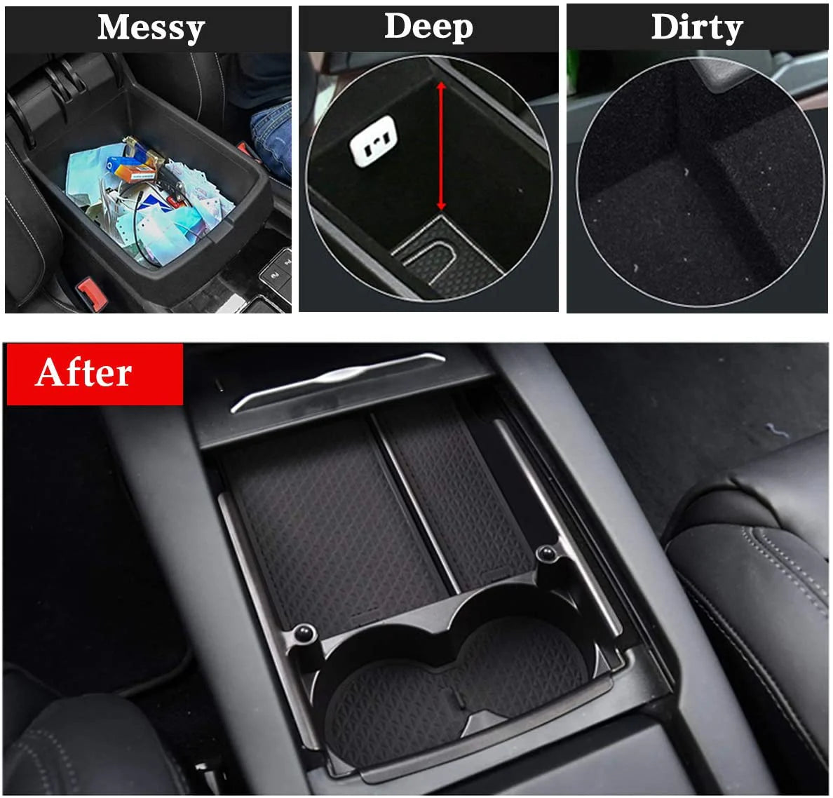 Center Console Armrest Storage Box with Cup Holder for Tesla Model S/Model X (2016–2021) – ABS Organizer Tray with Non-Slip Mats