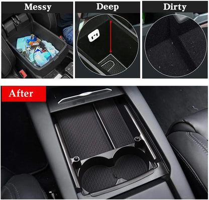 Center Console Armrest Storage Box with Cup Holder for Tesla Model S/Model X (2016–2021) – ABS Organizer Tray with Non-Slip Mats