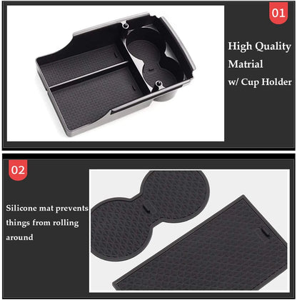 Center Console Armrest Storage Box with Cup Holder for Tesla Model S/Model X (2016–2021) – ABS Organizer Tray with Non-Slip Mats