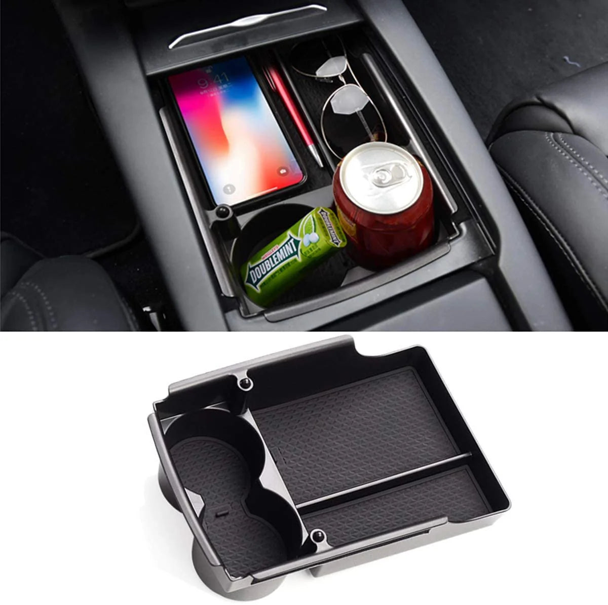 Center Console Armrest Storage Box with Cup Holder for Tesla Model S/Model X (2016–2021) – ABS Organizer Tray with Non-Slip Mats