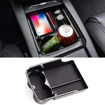 Center Console Armrest Storage Box with Cup Holder for Tesla Model S/Model X (2016–2021) – ABS Organizer Tray with Non-Slip Mats