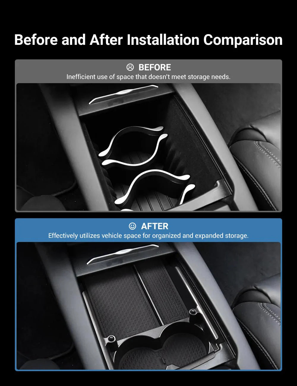 Center Console Armrest Storage Box with Cup Holder for Tesla Model S/Model X (2016–2021) – ABS Organizer Tray with Non-Slip Mats