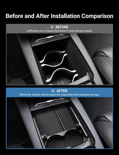 Center Console Armrest Storage Box with Cup Holder for Tesla Model S/Model X (2016–2021) – ABS Organizer Tray with Non-Slip Mats