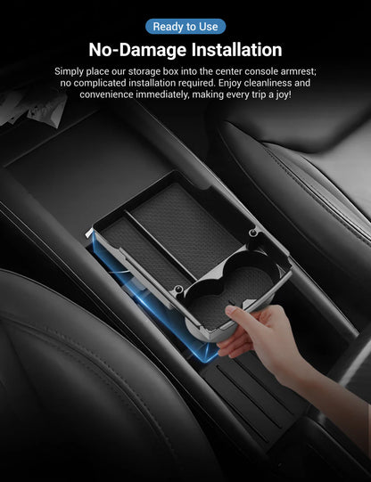 Center Console Armrest Storage Box with Cup Holder for Tesla Model S/Model X (2016–2021) – ABS Organizer Tray with Non-Slip Mats