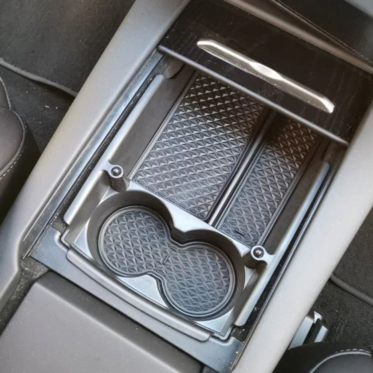 Center Console Armrest Storage Box with Cup Holder for Tesla Model S/Model X (2016–2021) – ABS Organizer Tray with Non-Slip Mats