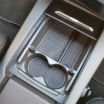 Center Console Armrest Storage Box with Cup Holder for Tesla Model S/Model X (2016–2021) – ABS Organizer Tray with Non-Slip Mats