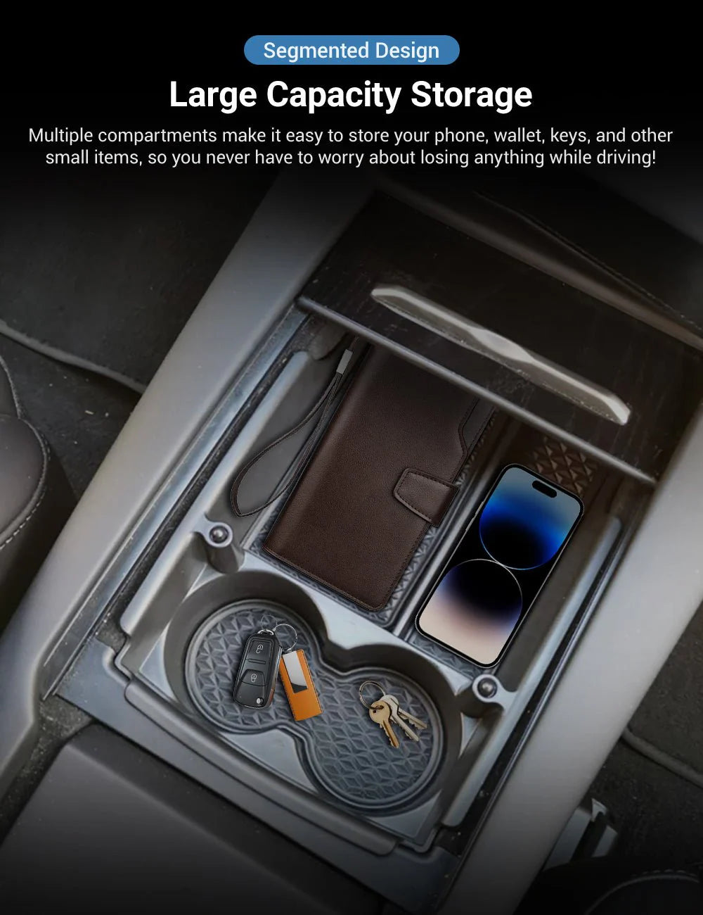 Center Console Armrest Storage Box with Cup Holder for Tesla Model S/Model X (2016–2021) – ABS Organizer Tray with Non-Slip Mats