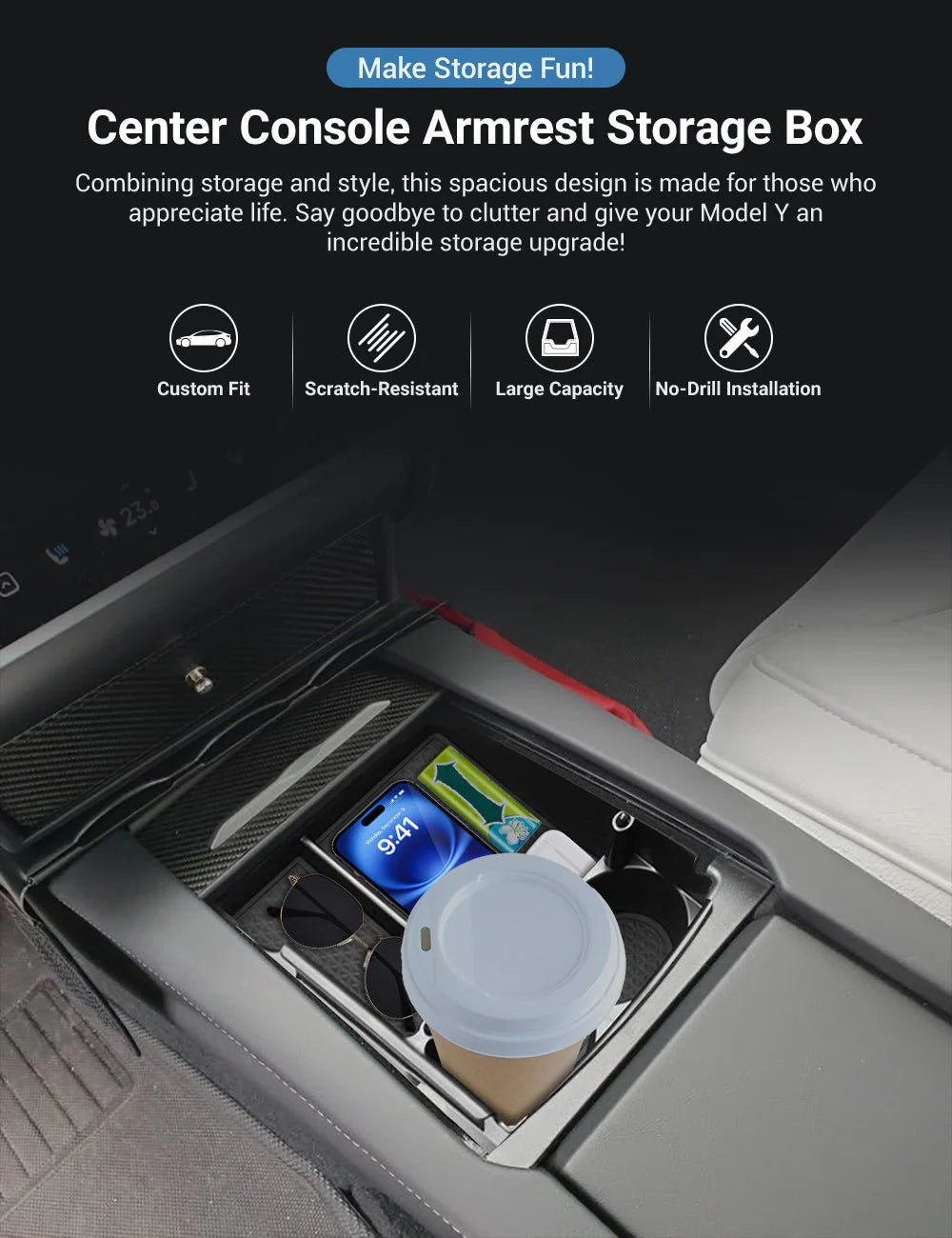 Center Console Armrest Storage Box with Cup Holder for Tesla Model S/Model X (2016–2021) – ABS Organizer Tray with Non-Slip Mats