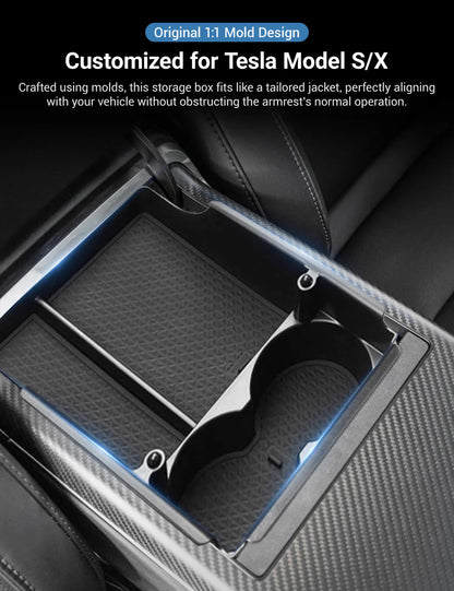 Center Console Armrest Storage Box with Cup Holder for Tesla Model S/Model X (2016–2021) – ABS Organizer Tray with Non-Slip Mats