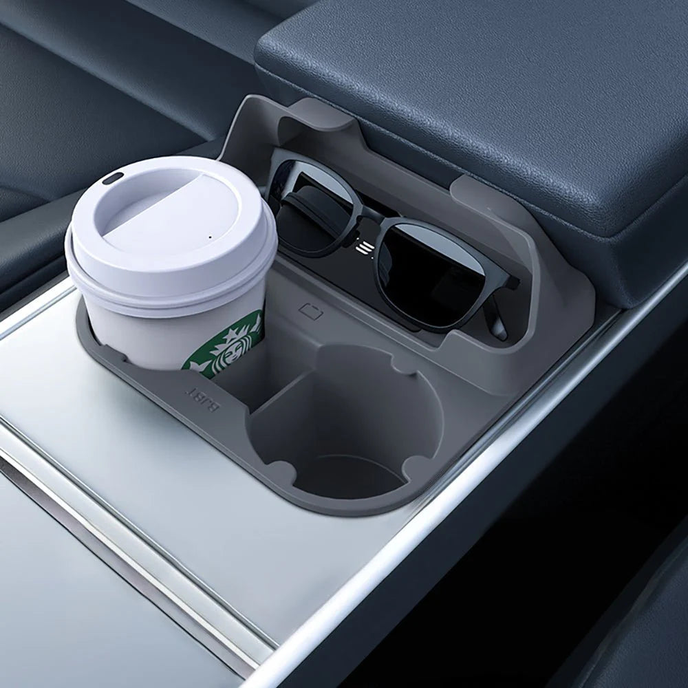 2-Slot Food-Grade Silicone Center Console Cup Holder with Storage for Tesla Model 3 & Model Y (2020-2025)