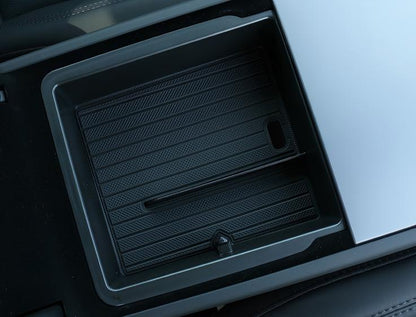 Center Console Tray Organizer for Tesla Model 3 Highland (2024+) / Model Y Juniper (2025+) — Armrest Storage Box with Flocking or ABS + Silicone Insert