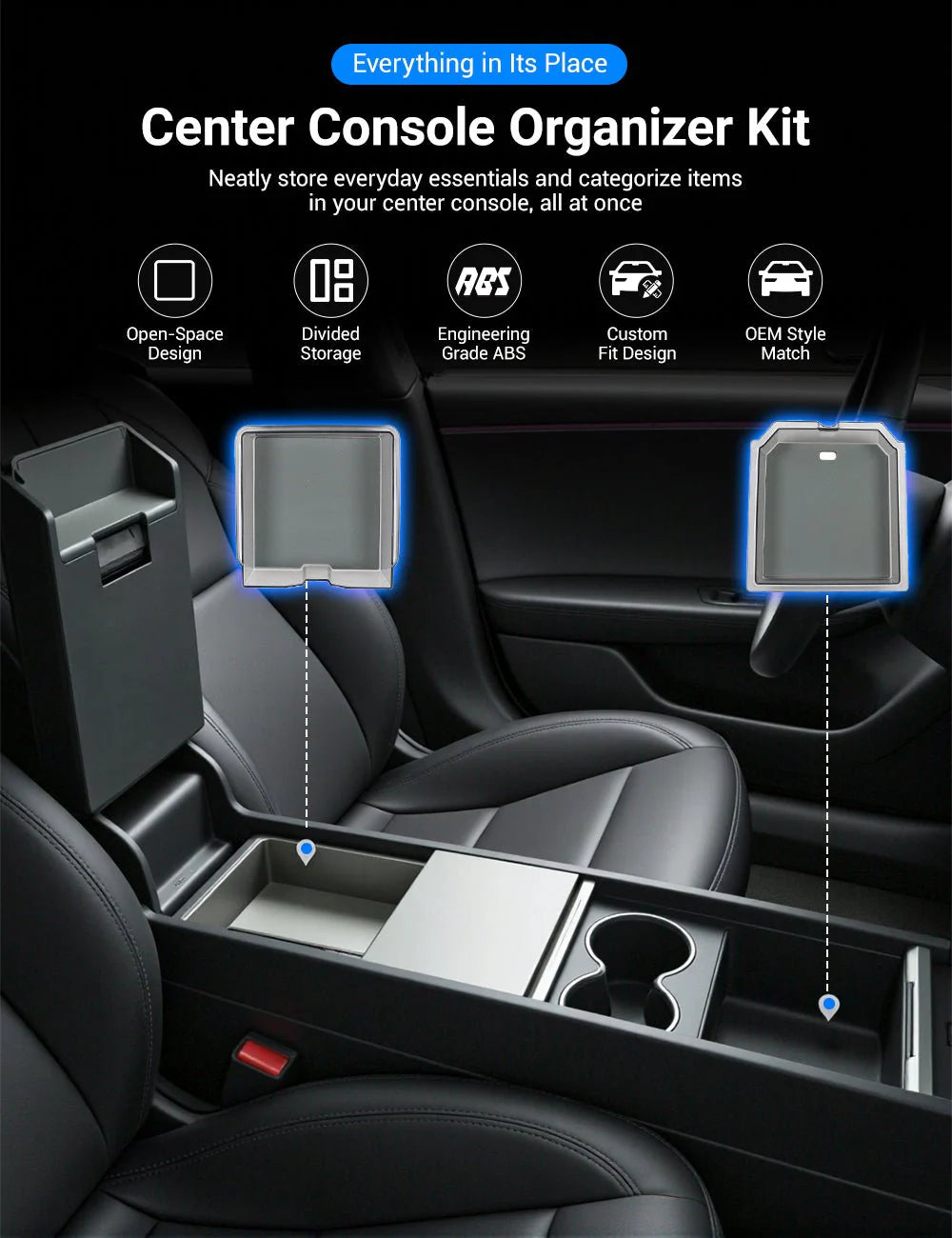 Center Console Tray & Armrest Organizer for Tesla Model 3 Highland (2024+) & New Model Y — Custom-Fit TPE Storage Box
