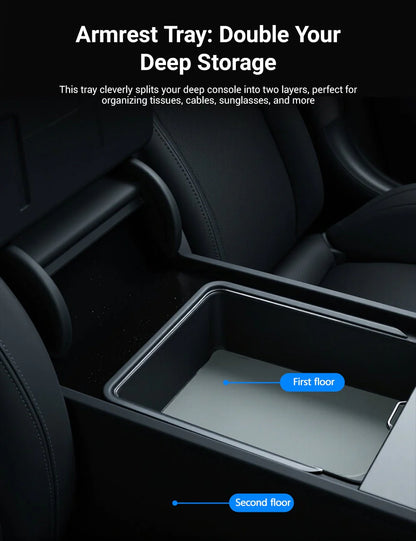 Center Console Tray & Armrest Organizer for Tesla Model 3 Highland (2024+) & New Model Y — Custom-Fit TPE Storage Box