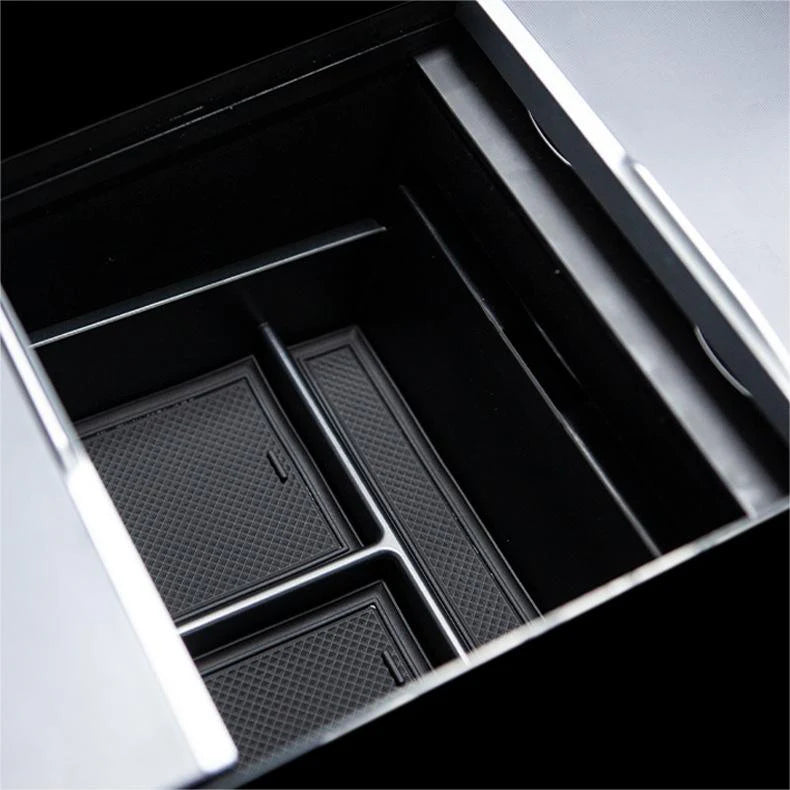 Center Front Storage Box for Tesla Model Y Juniper (2025+) & Model 3 Highland (2024+) | Flocked Interior Organizer with Hidden Magnetic Compartment
