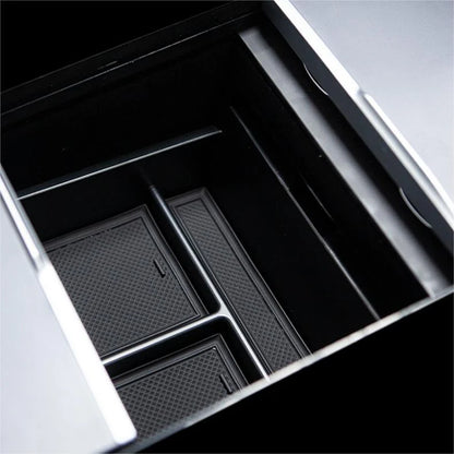 Center Front Storage Box for Tesla Model Y Juniper (2025+) & Model 3 Highland (2024+) | Flocked Interior Organizer with Hidden Magnetic Compartment