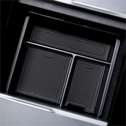 Center Front Storage Box for Tesla Model Y Juniper (2025+) & Model 3 Highland (2024+) | Flocked Interior Organizer with Hidden Magnetic Compartment