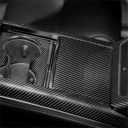 Dry Carbon Fiber Center Panel Storage Box Overlay for Tesla Model S Model 3 Model Y Model X (2021+) – Real Molded Carbon Fiber Interior Upgrade
