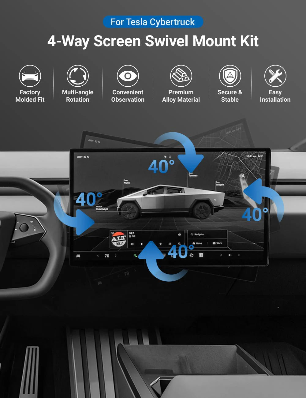 Center Screen Swivel Rotating Mount Kit for Tesla Cybertruck (2024+) | 40° Adjustable Aluminum Display Rotation Bracket