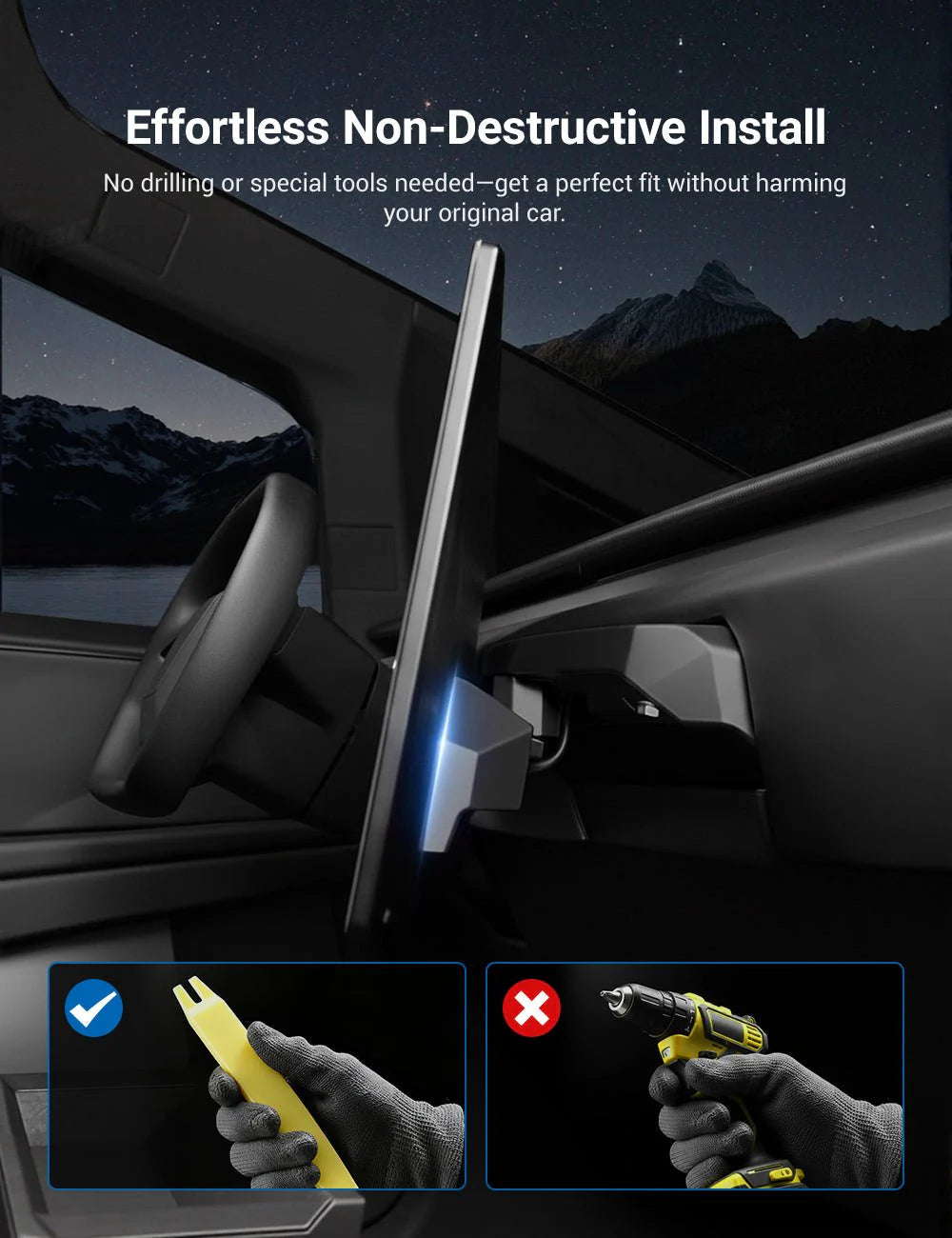 Center Screen Swivel Rotating Mount Kit for Tesla Cybertruck (2024+) | 40° Adjustable Aluminum Display Rotation Bracket