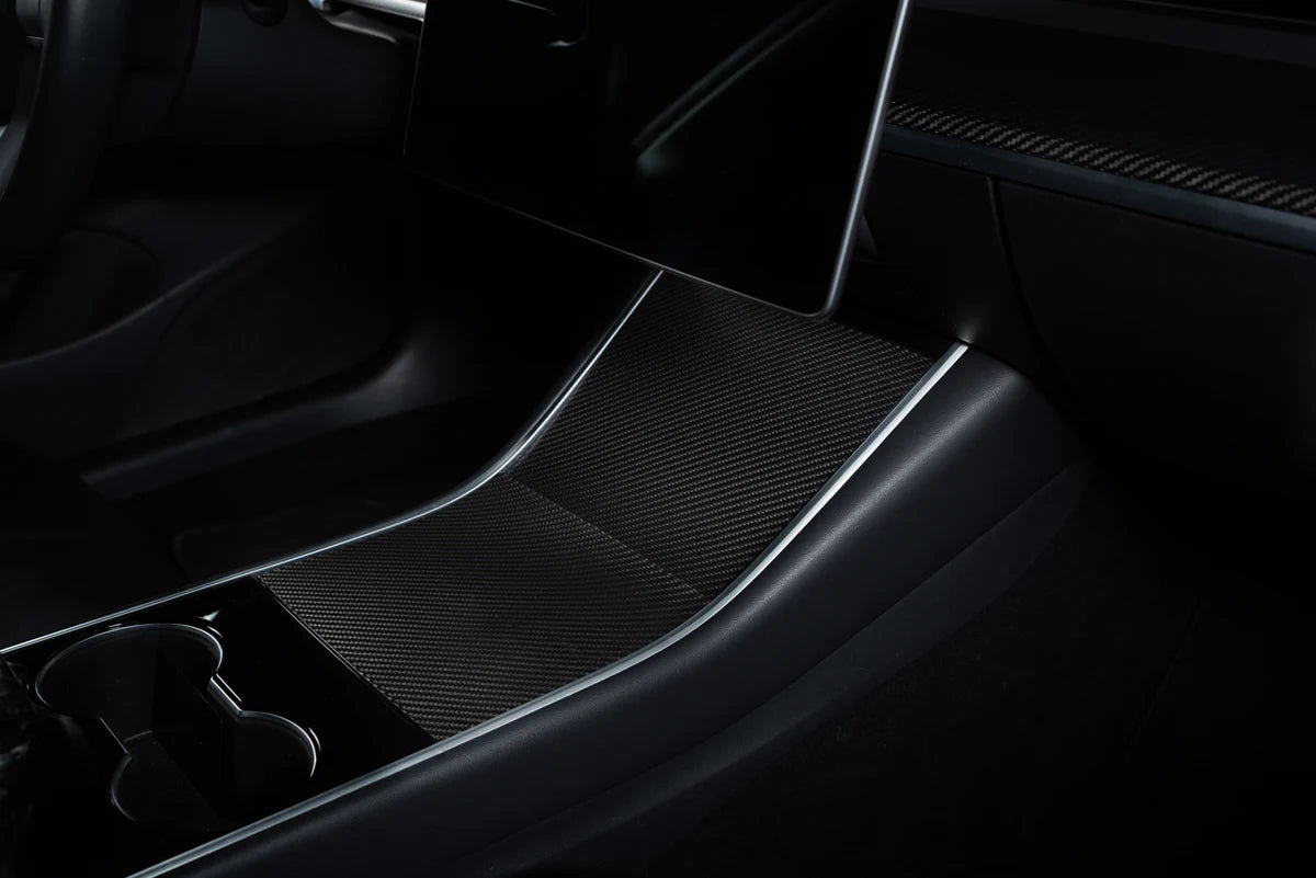 Carbon Fiber Center Console Covers for Tesla Model 3 & Model Y – Old Flip-Up Center Console (3-Piece Overlay Kit)