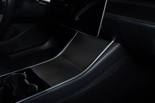 Carbon Fiber Center Console Covers for Tesla Model 3 & Model Y – Old Flip-Up Center Console (3-Piece Overlay Kit)