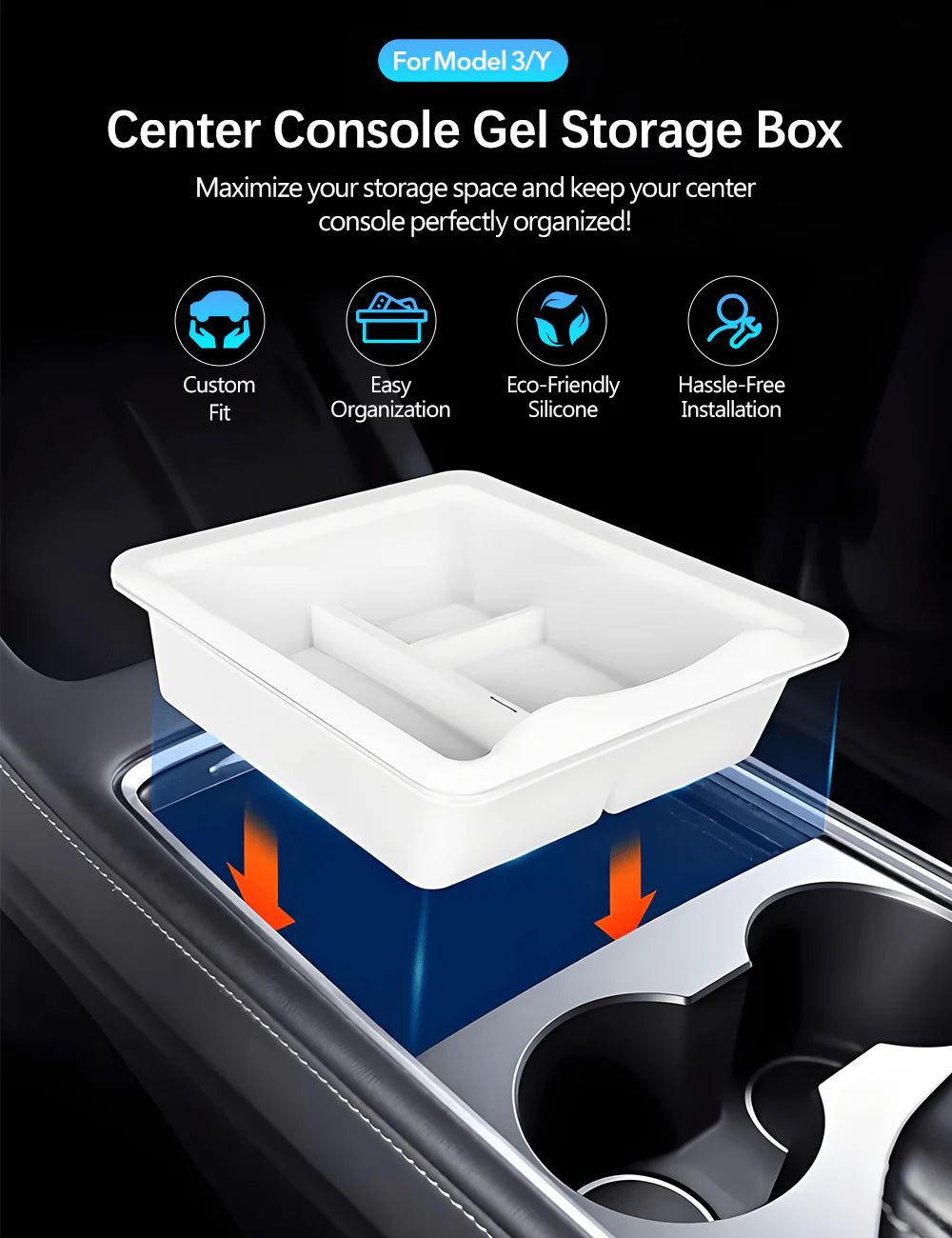 Central Console Storage Box Organizer for Tesla Model 3 & Model Y (Silicone + PC, Precise Fit)