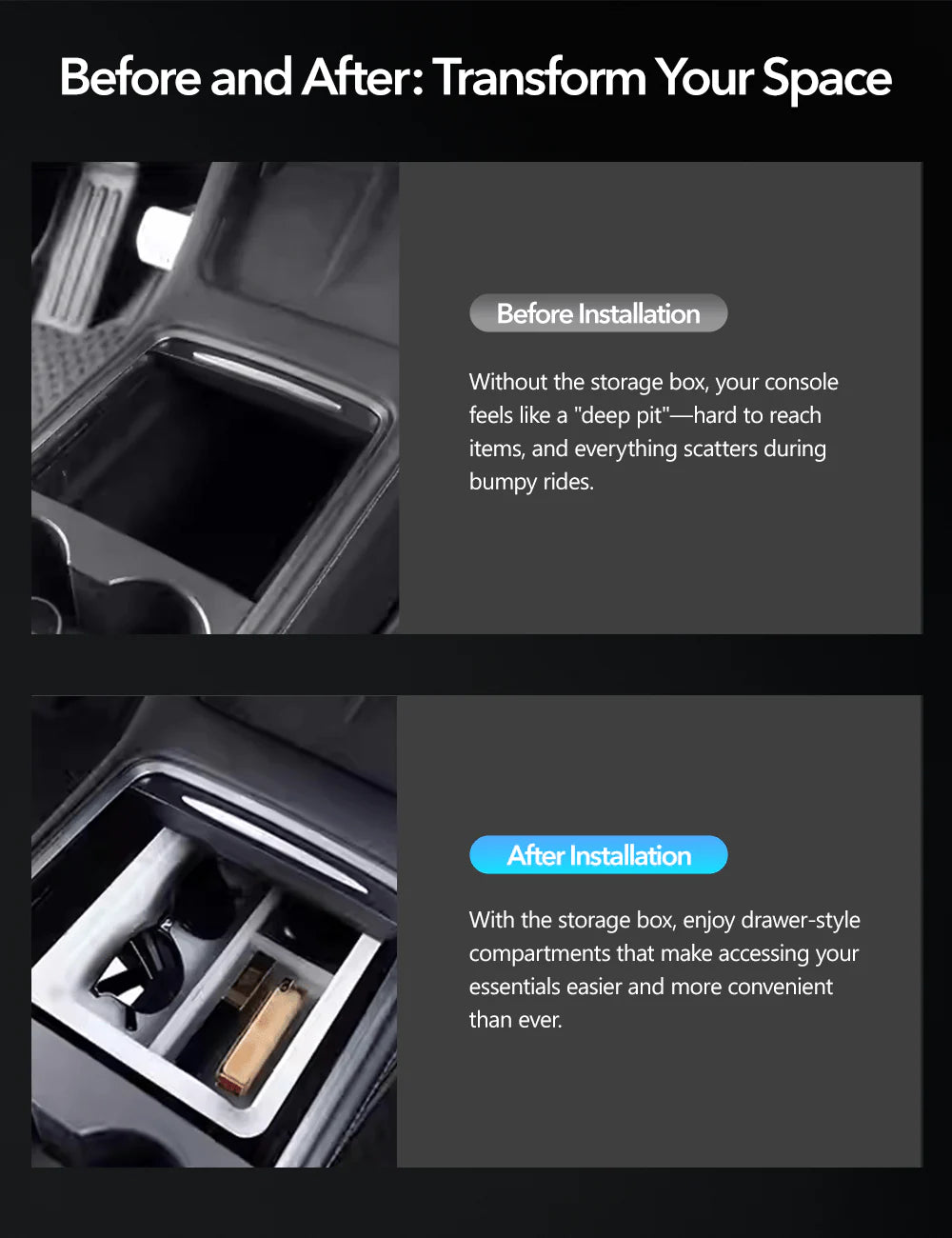 Central Console Storage Box Organizer for Tesla Model 3 & Model Y (Silicone + PC, Precise Fit)