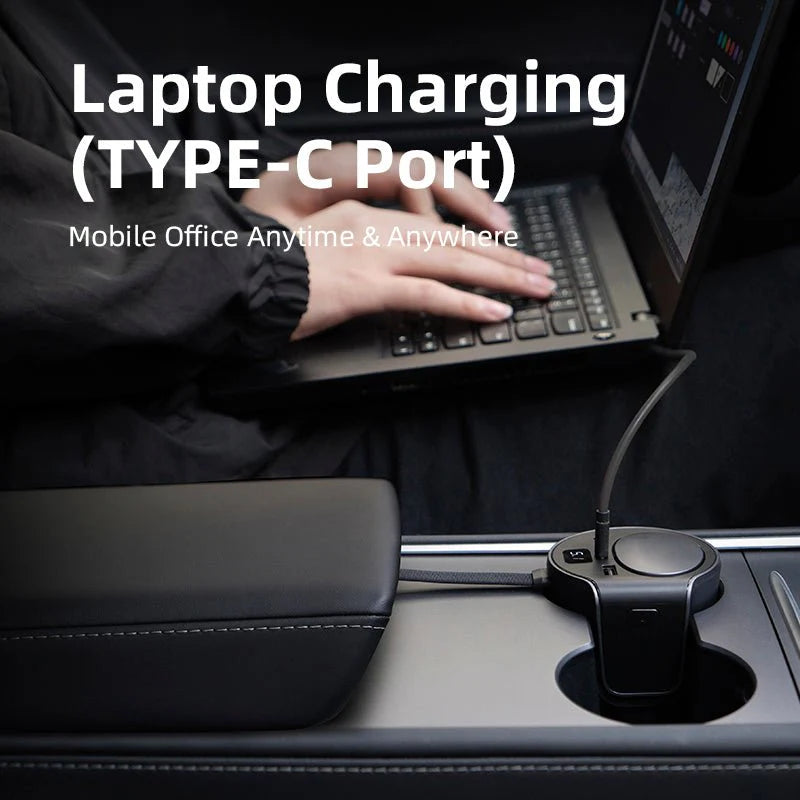 65W Cigarette Lighter USB Hub Adapter for Tesla Model 3 & Model Y (2021–2026) – Multi-Port Fast Charging USB-A & USB-C Expansion