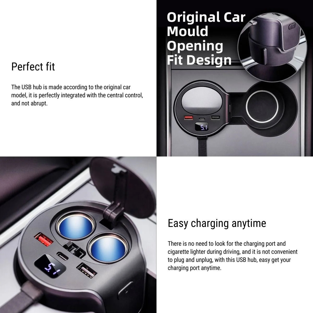 65W Cigarette Lighter USB Hub Adapter for Tesla Model 3 & Model Y (2021–2026) – Multi-Port Fast Charging USB-A & USB-C Expansion