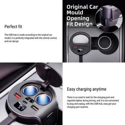 65W Cigarette Lighter USB Hub Adapter for Tesla Model 3 & Model Y (2021–2026) – Multi-Port Fast Charging USB-A & USB-C Expansion