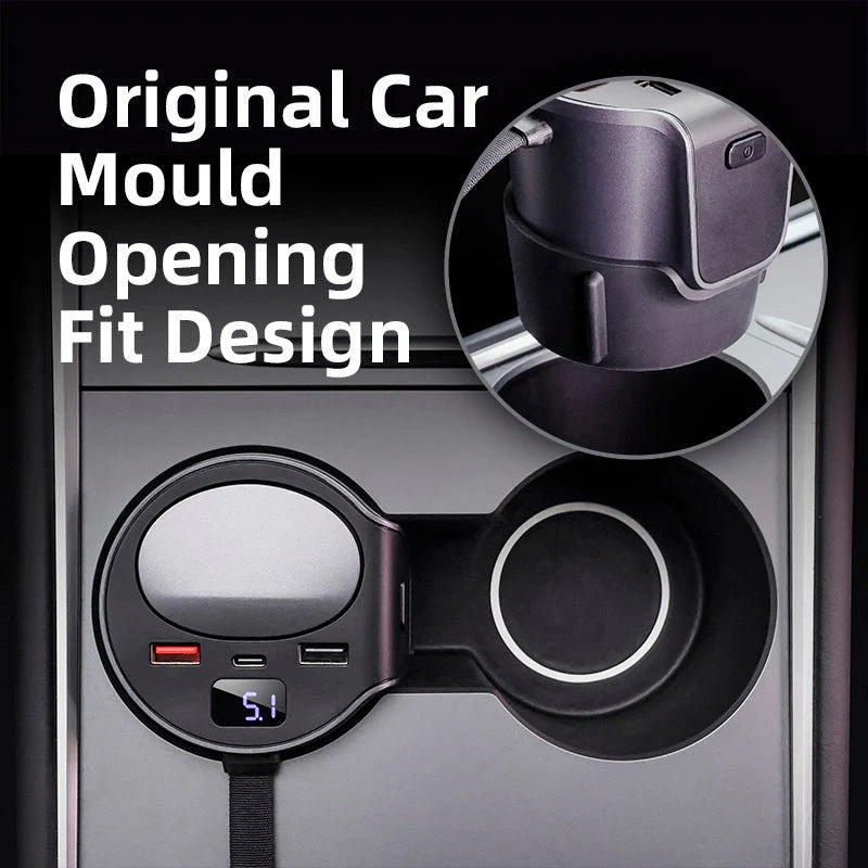 65W Cigarette Lighter USB Hub Adapter for Tesla Model 3 & Model Y (2021–2026) – Multi-Port Fast Charging USB-A & USB-C Expansion