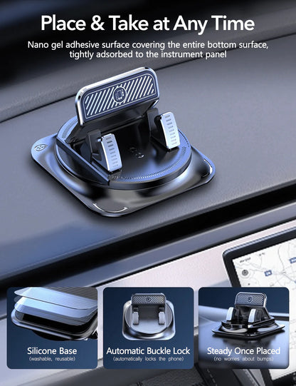 Tesla Dashboard Phone Holder – 360° Rotating Mount with Nano-Gel Suction, One-Hand Clamp, Anti-Shake, Model 3/Y/S/X