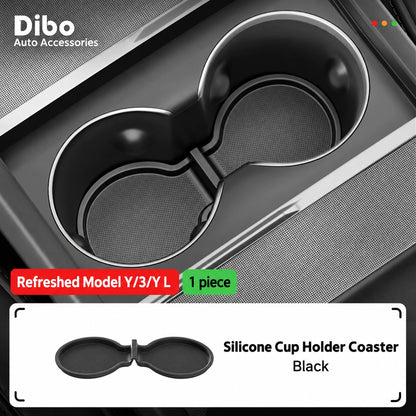 Dibo Tesla accessory - Refreshed Model Y / 3 / Y L; Silicone Cup Holder Coaster; Black; 1 piece. Keep this flat coaster shape distinct from deep cup holder.