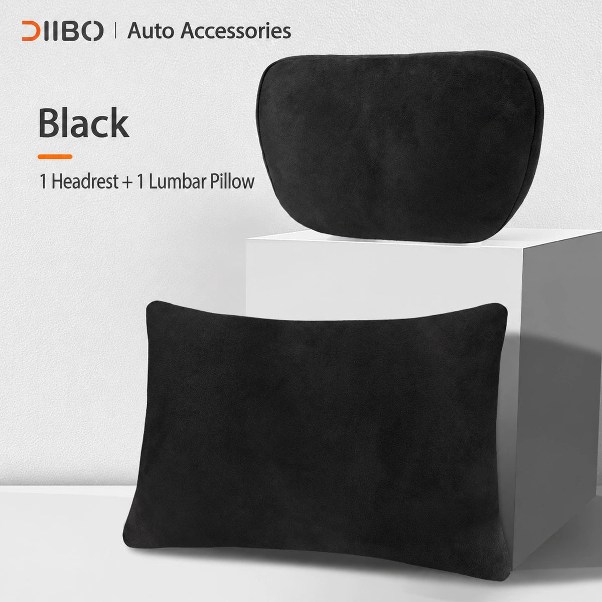 Dibo Tesla accessory - Black; 1 Headrest + 1 Lumbar Pillow. Preserve product count exactly and do NOT add medical claims.
