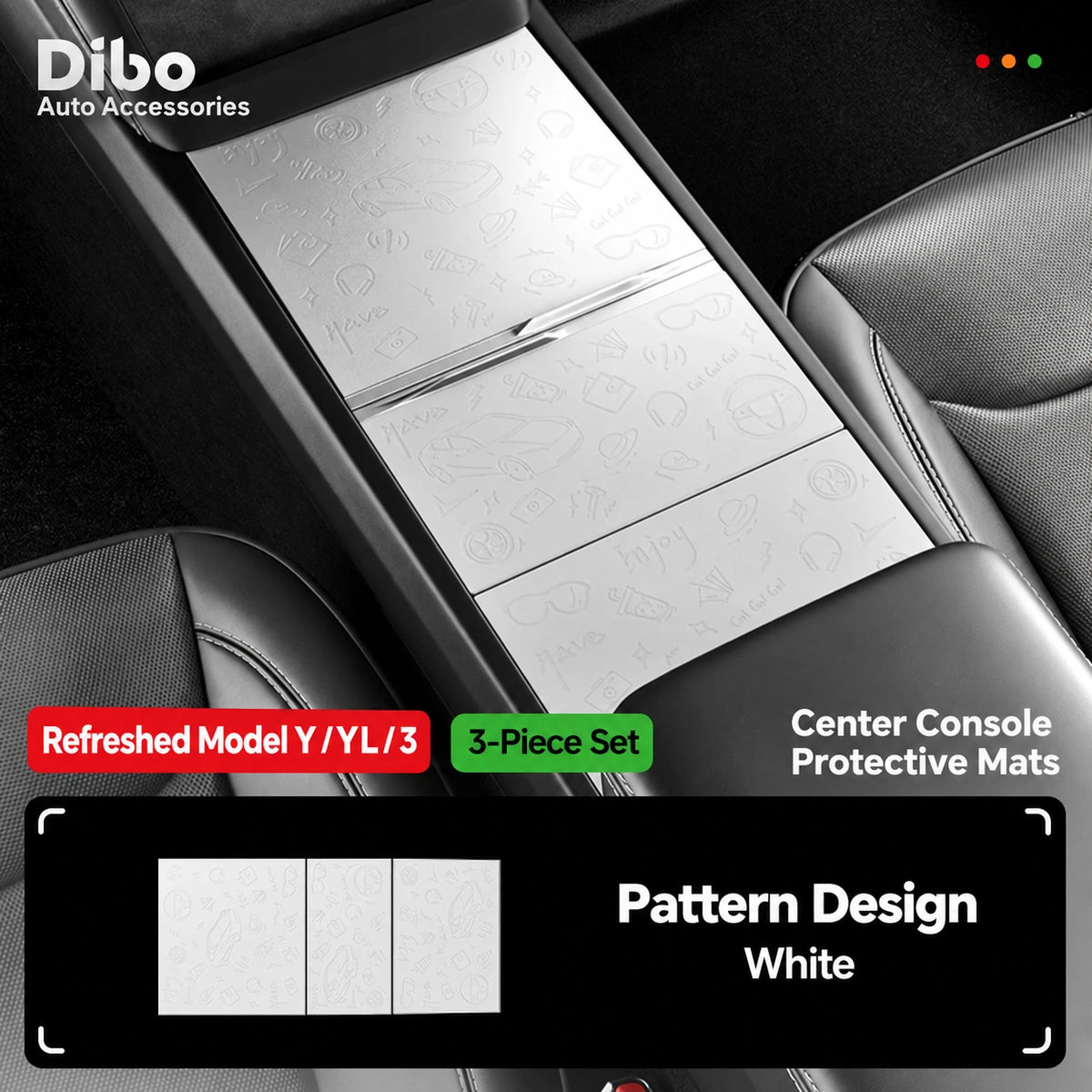Dibo Tesla accessory - Refreshed Model Y / Y L / 3; White; 3-Piece Set; Center Console Protective Mats; Pattern Design.