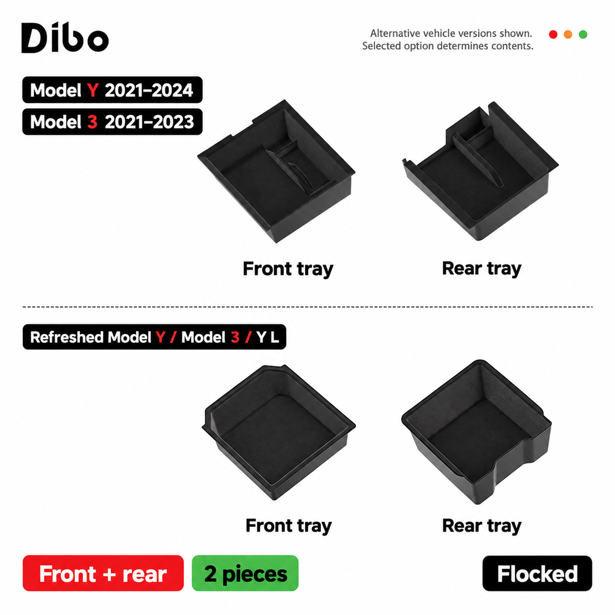 Dibo console organizer - Front + rear / flocked / 2 pcs - alternative vehicle versions shown