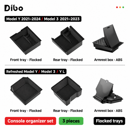 Dibo front and rear flocked trays with ABS armrest box - three-piece set, vehicle versions shown