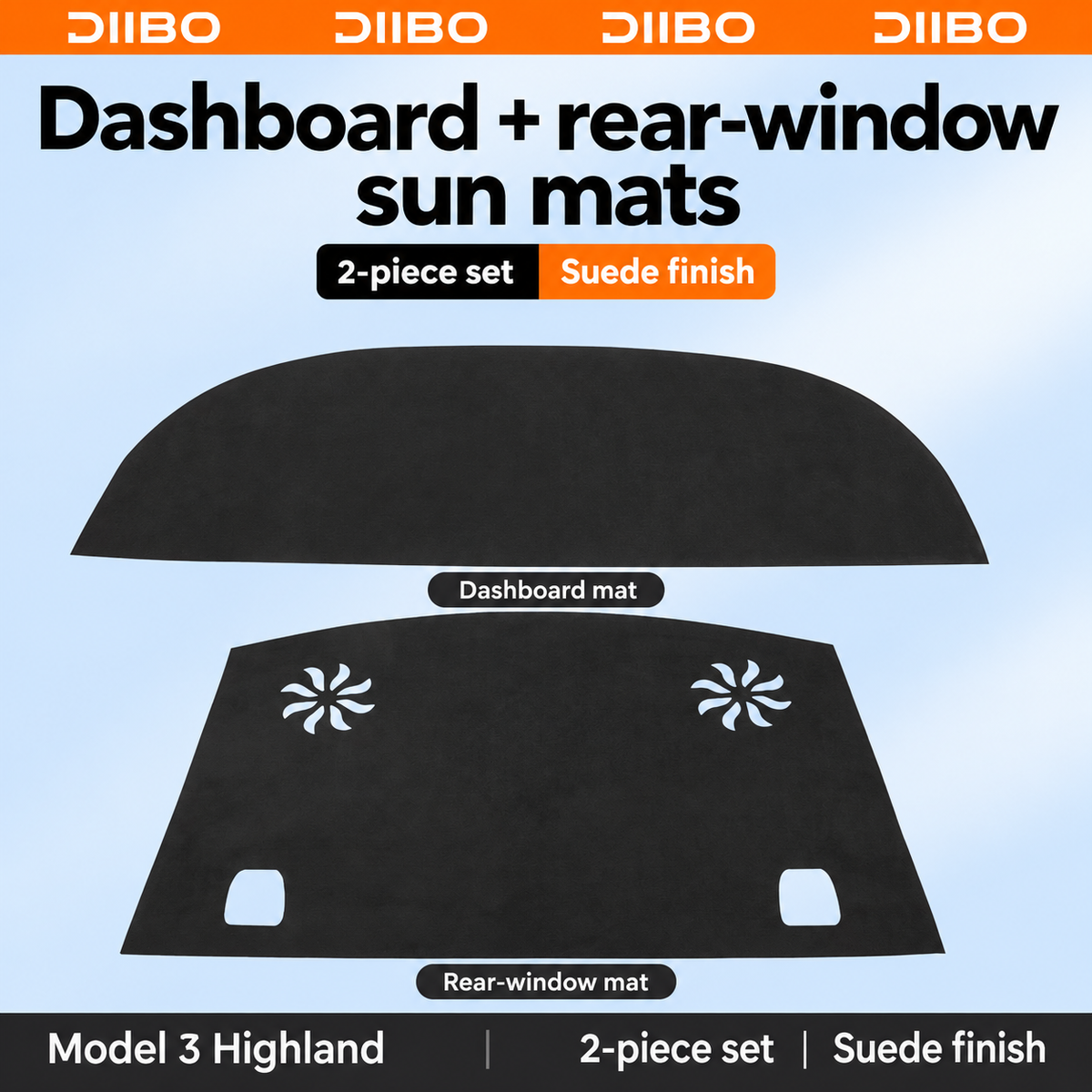 Dibo sun mat and shade options - Model 3 Highland / dashboard + rear-window mat