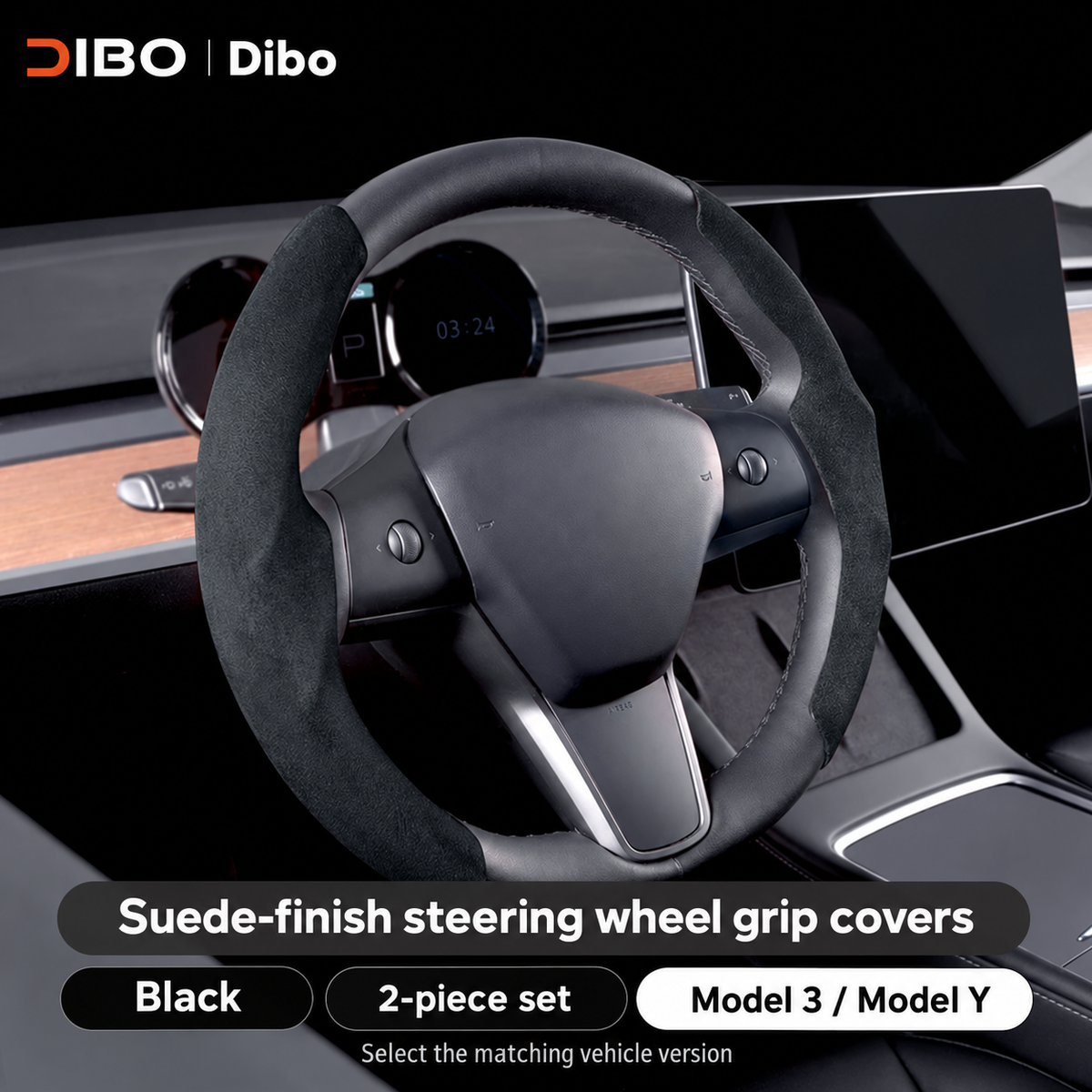 Dibo black suede-finish steering wheel grip covers - 2-piece set; select vehicle version