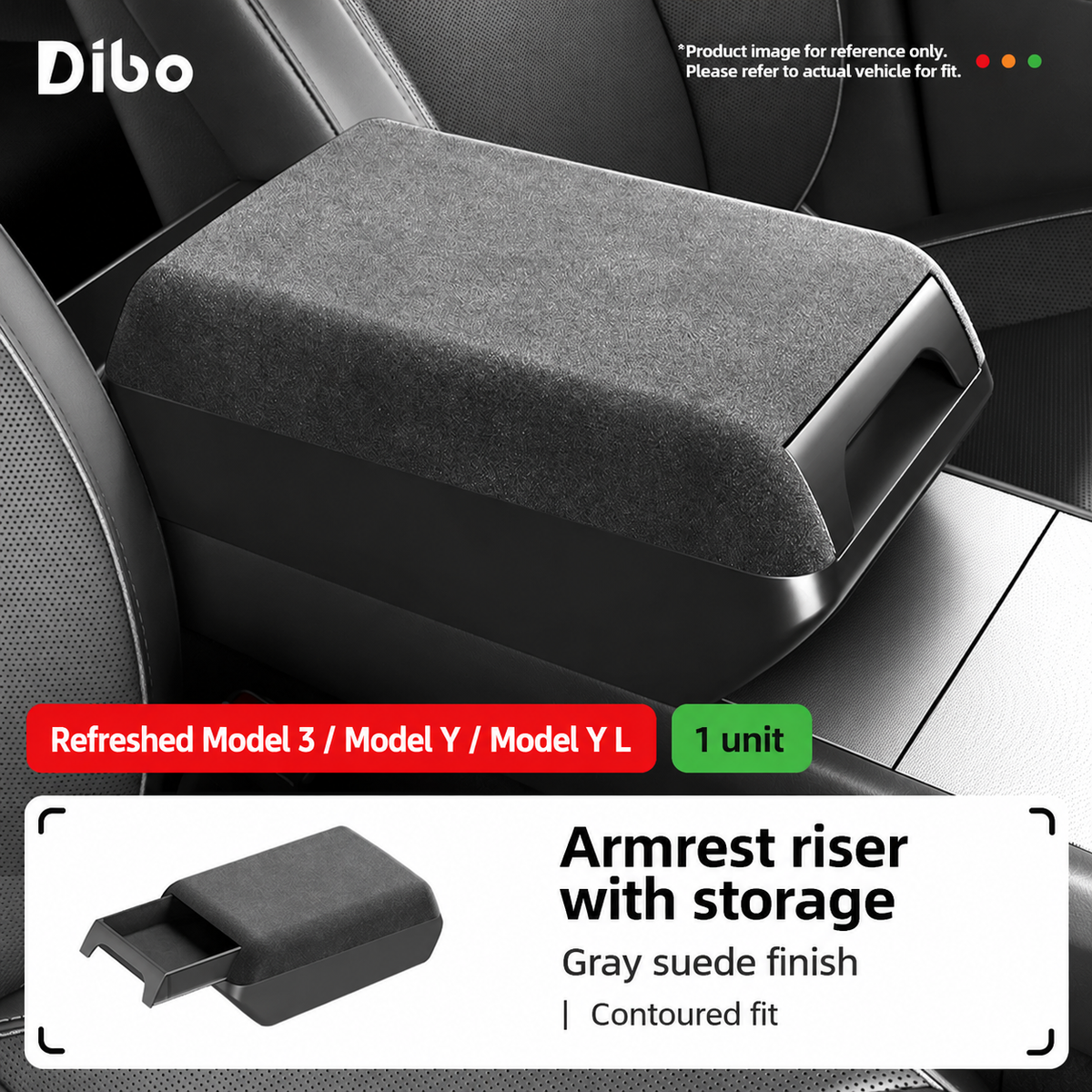 Dibo armrest riser with storage - Refreshed Model 3, Model Y & Y L / gray suede