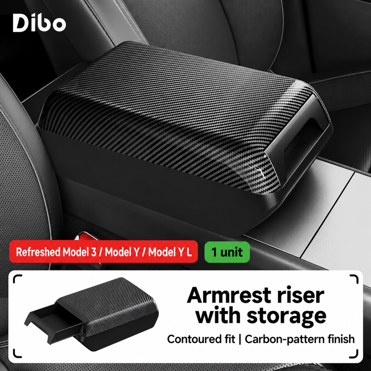 Dibo armrest riser with storage - Refreshed Model 3, Model Y & Y L / carbon pattern