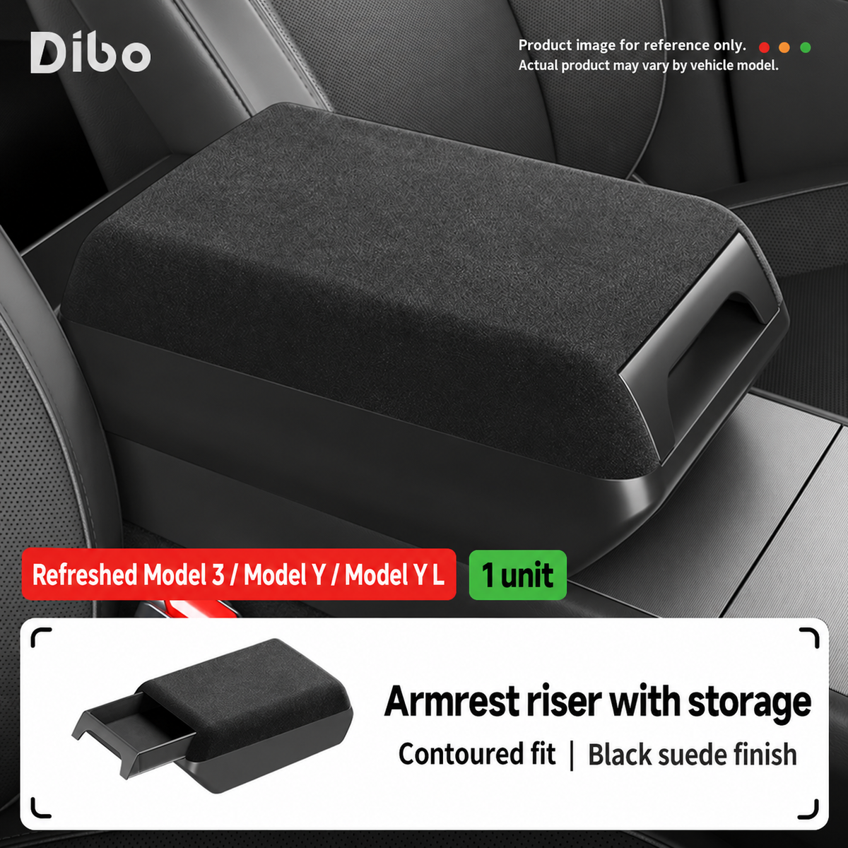 Dibo armrest riser with storage - Refreshed Model 3, Model Y & Y L / black suede