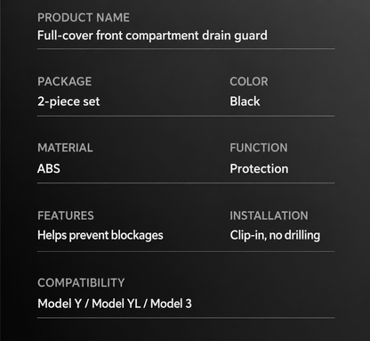 Dibo Front Compartment Drain Guards for Tesla Model Y / Model 3 / Model Y L – English product detail 5