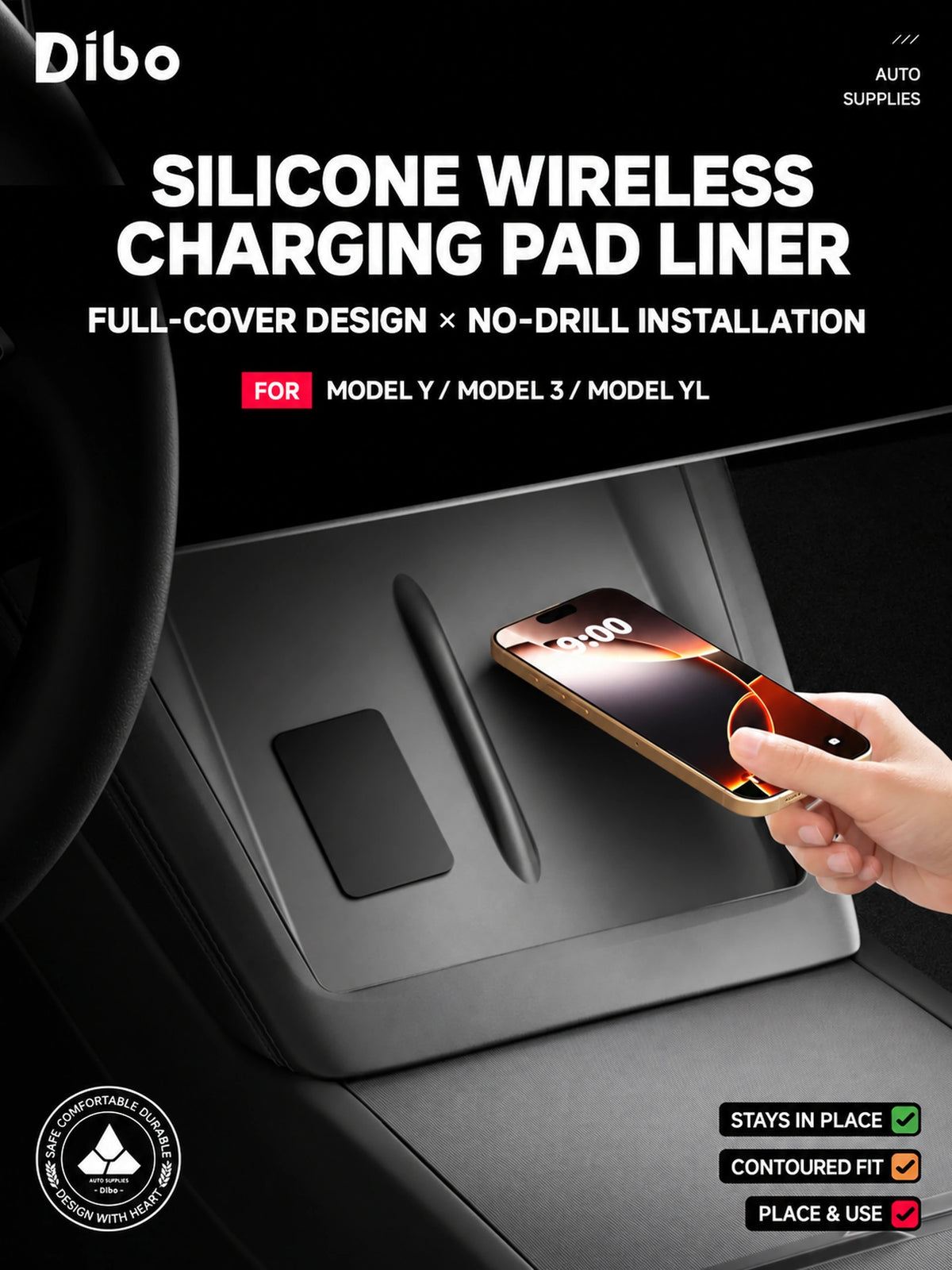 Dibo Silicone Wireless Charging Pad Liner for Tesla Model 3 / Model Y / Model Y L – English product detail 3