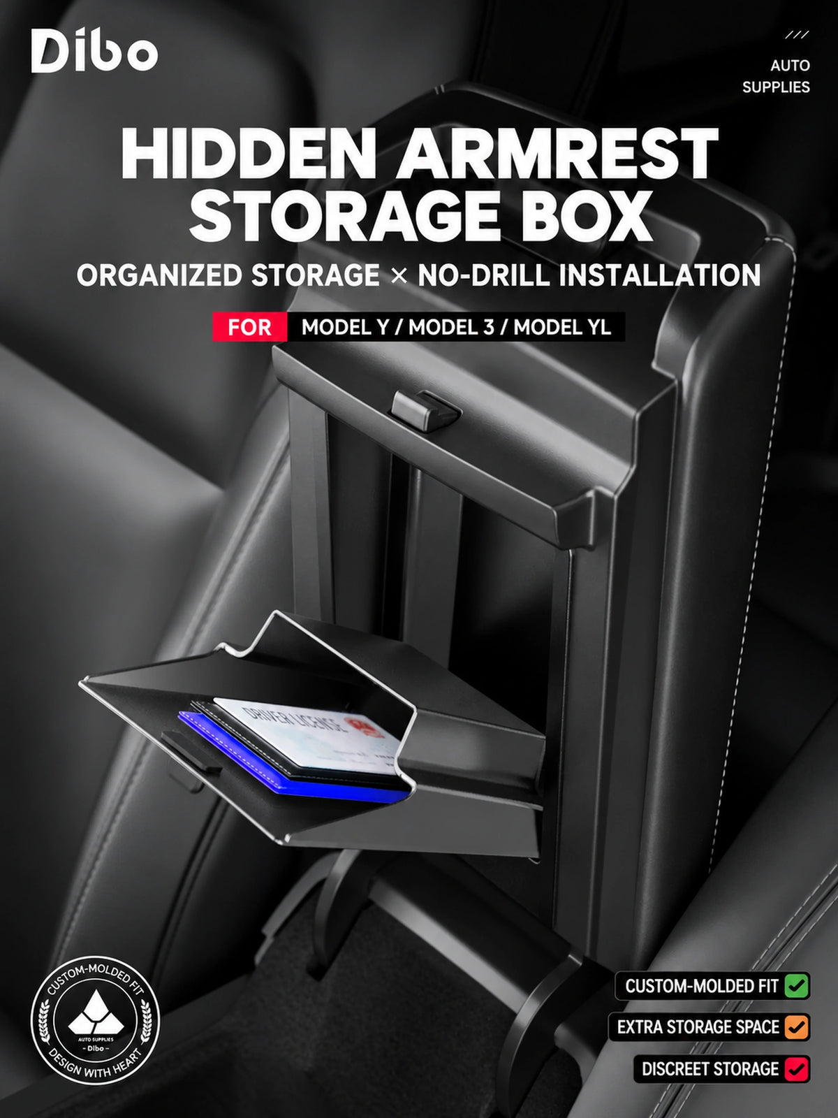 Dibo Hidden Armrest Storage Box for Tesla Model 3 / Model Y / Model Y L – English product detail 1